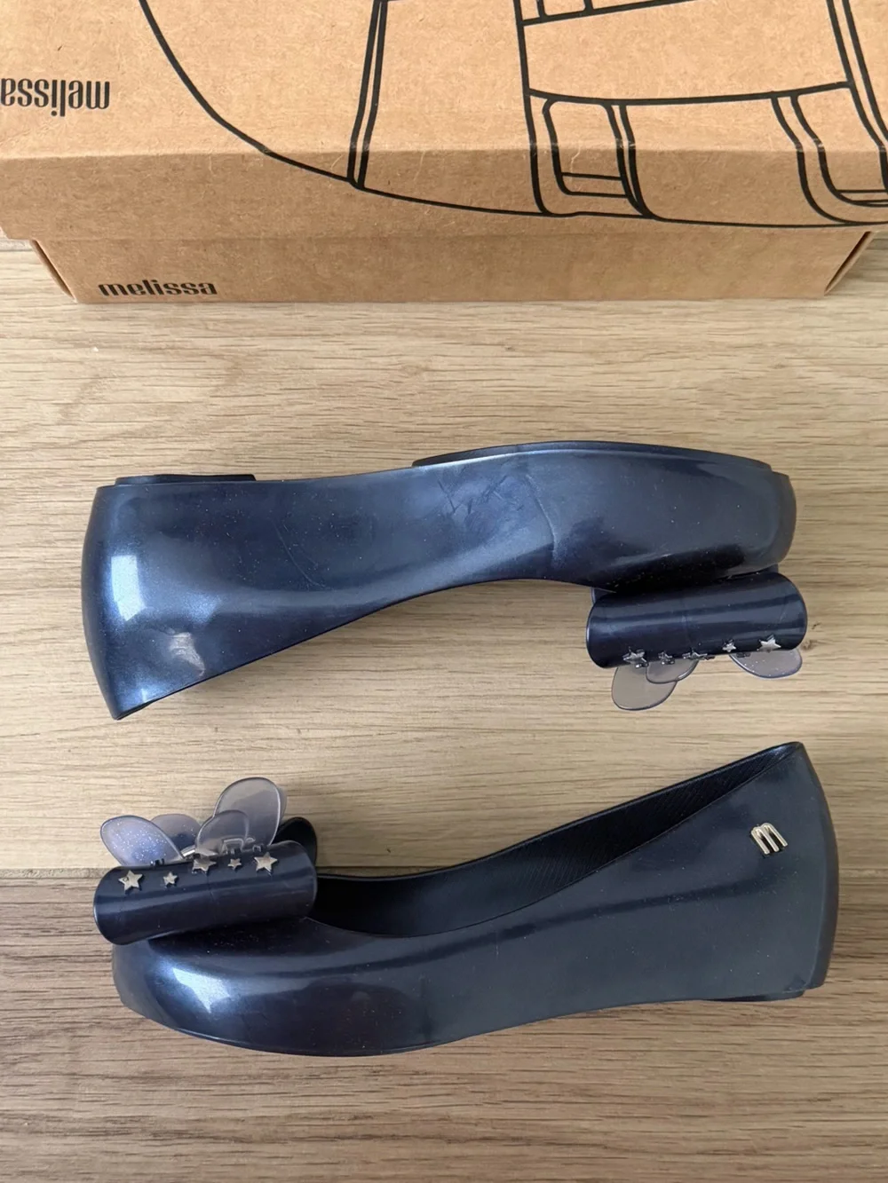 Mini Melissa Ultragirl Navy Metallic Blue Jelly Flats with Silver Star Accents